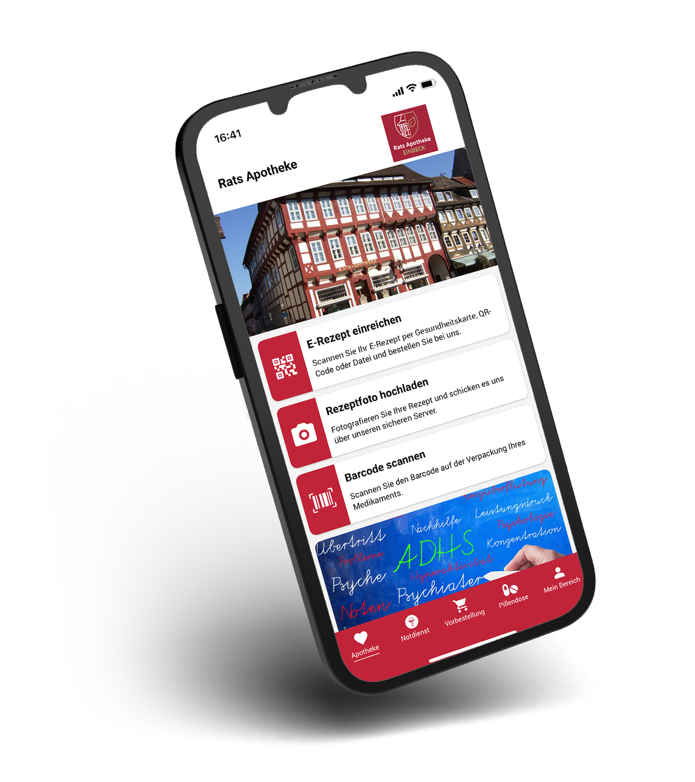 Isoliertes Smartphone, das die Oberfläche der Rats-Apotheken App für mobile Bestellungen zeigt.
